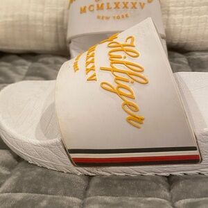 Tommy Hilfiger White Slides with Yellow Script and Tricolor Stripe